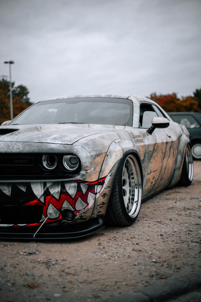 A custom sports car with a fierce shark-themed paint job parked outdoors.